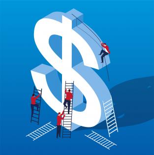 Illustration of people climbing dollar sign.