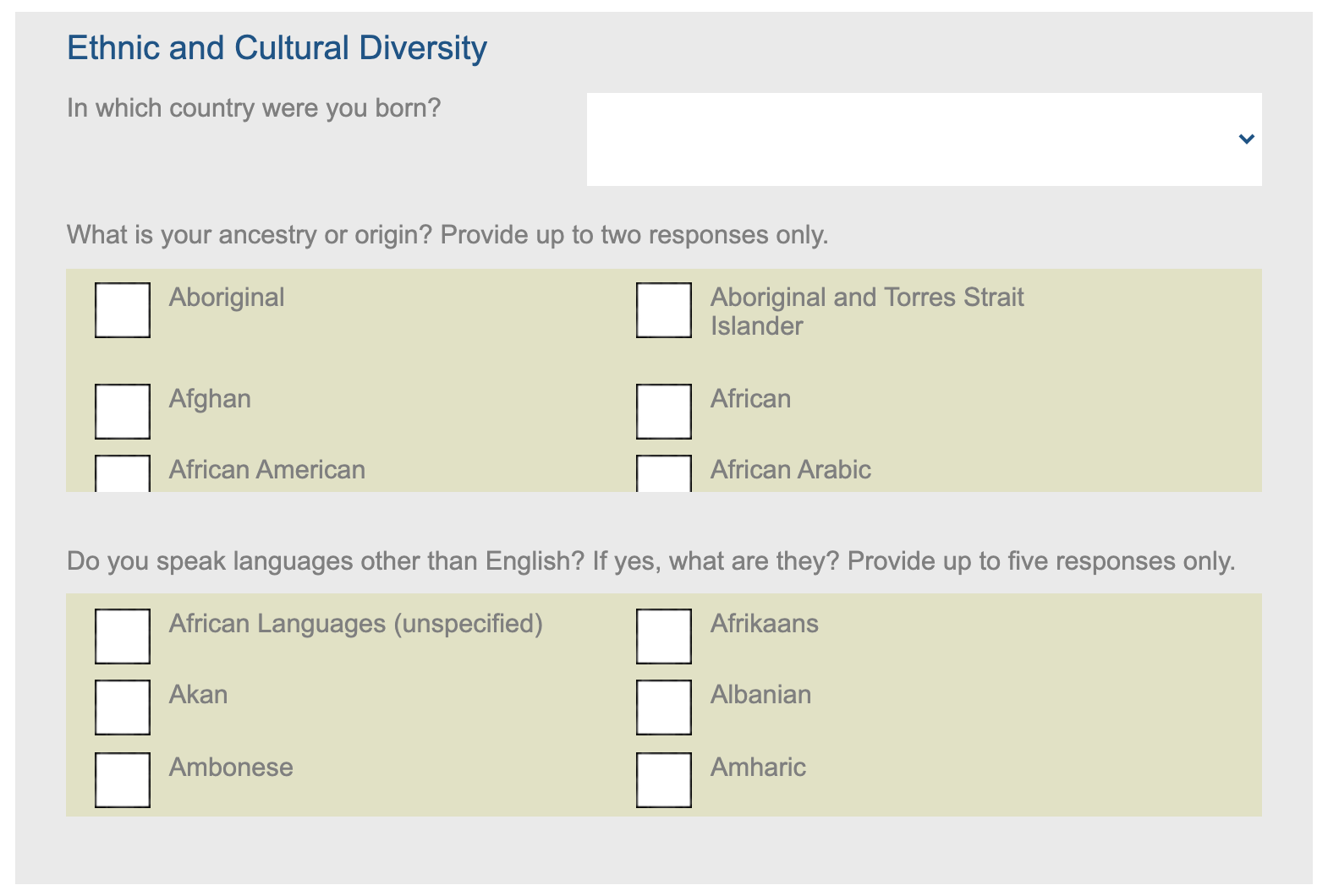Ethnic and cultural diversity questions