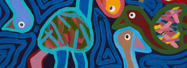 Colourful artwork depicting emus by Palawa artist Thelma Beeton