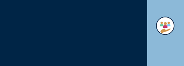 Navy and sky blue banner.Icon of hand holding 3 people.
