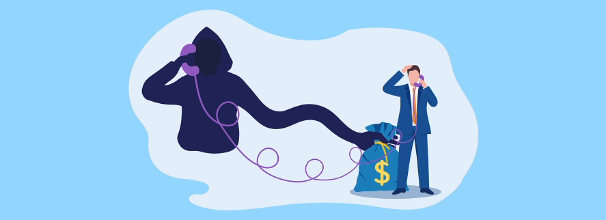 Illustration of a scam caller stealing money
