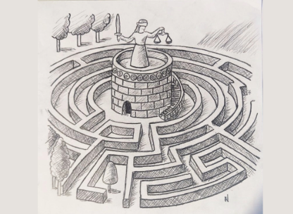 Lady justice stands in the centre of a maze