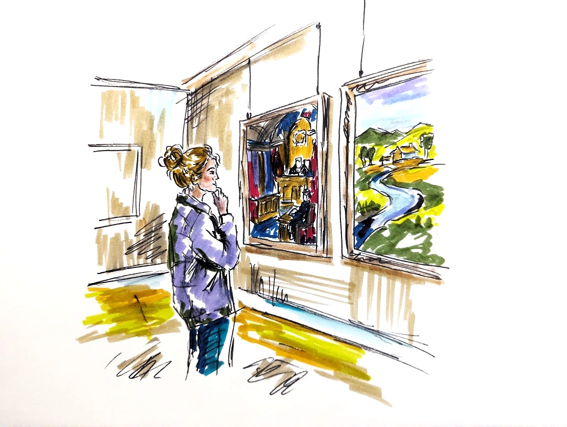 Image of a woman looking at a painting of a country scene of a house with a road leading towards it.