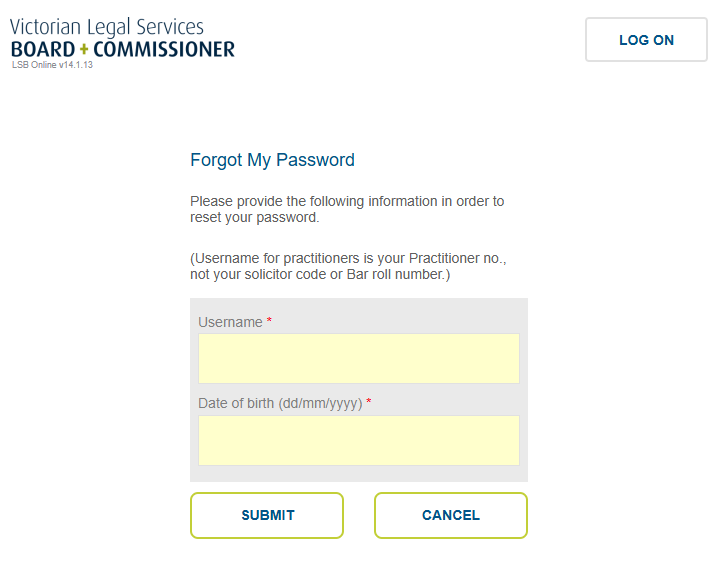Password reset screen