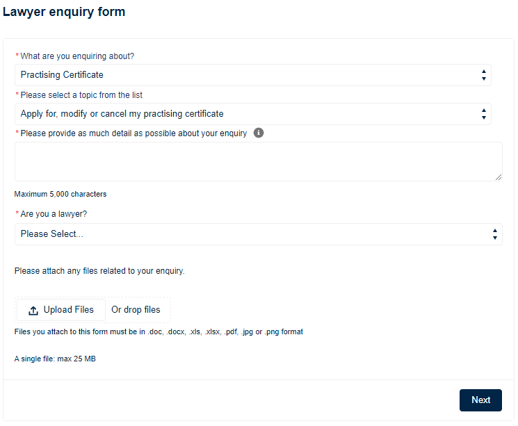 Screenshot of the lawyer enquiry form showing which sections to complete. Also explained in previous text.