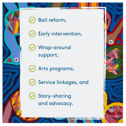Models for: bail reform, early intervention, wrap-around support, arts programs, service linkages, story-sharing and advocacy